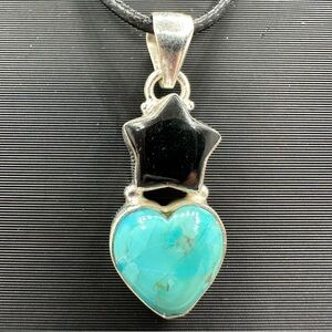 Sterling Silver 925 Black Onyx Star & Turquoise Heart Necklace Pendant Handmade